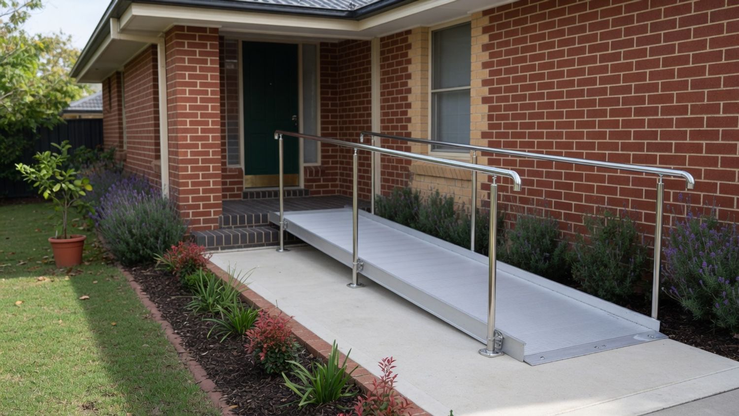 A newly installed aluminium access ramp with a stainless steel handrail at the front step of a single-storey brick home