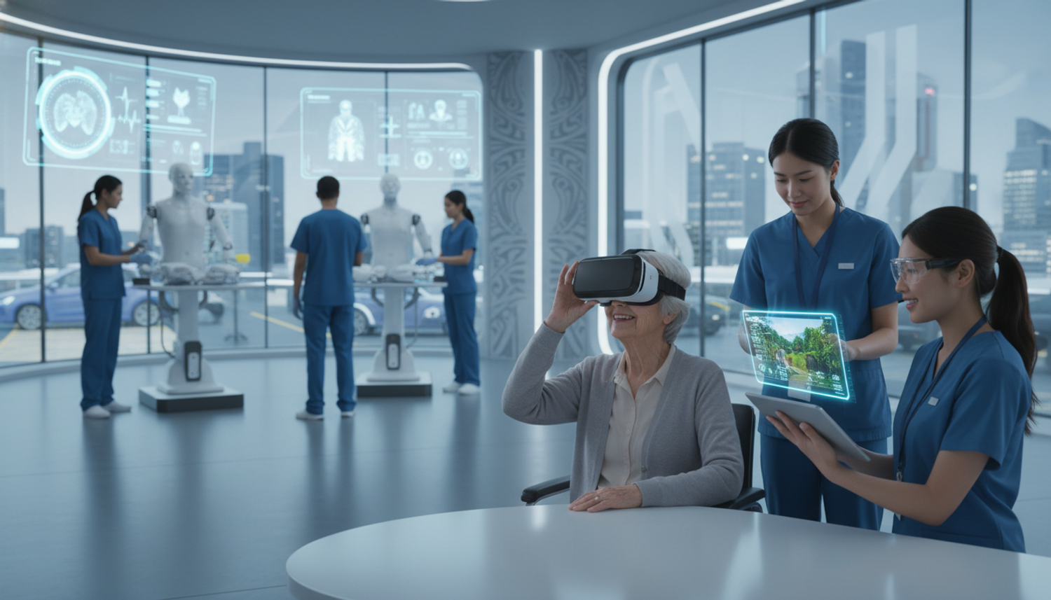 Senior woman using VR in a futuristic medical facility.