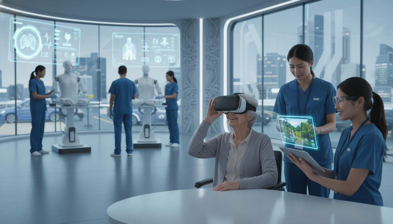 Senior woman using VR in a futuristic medical facility.