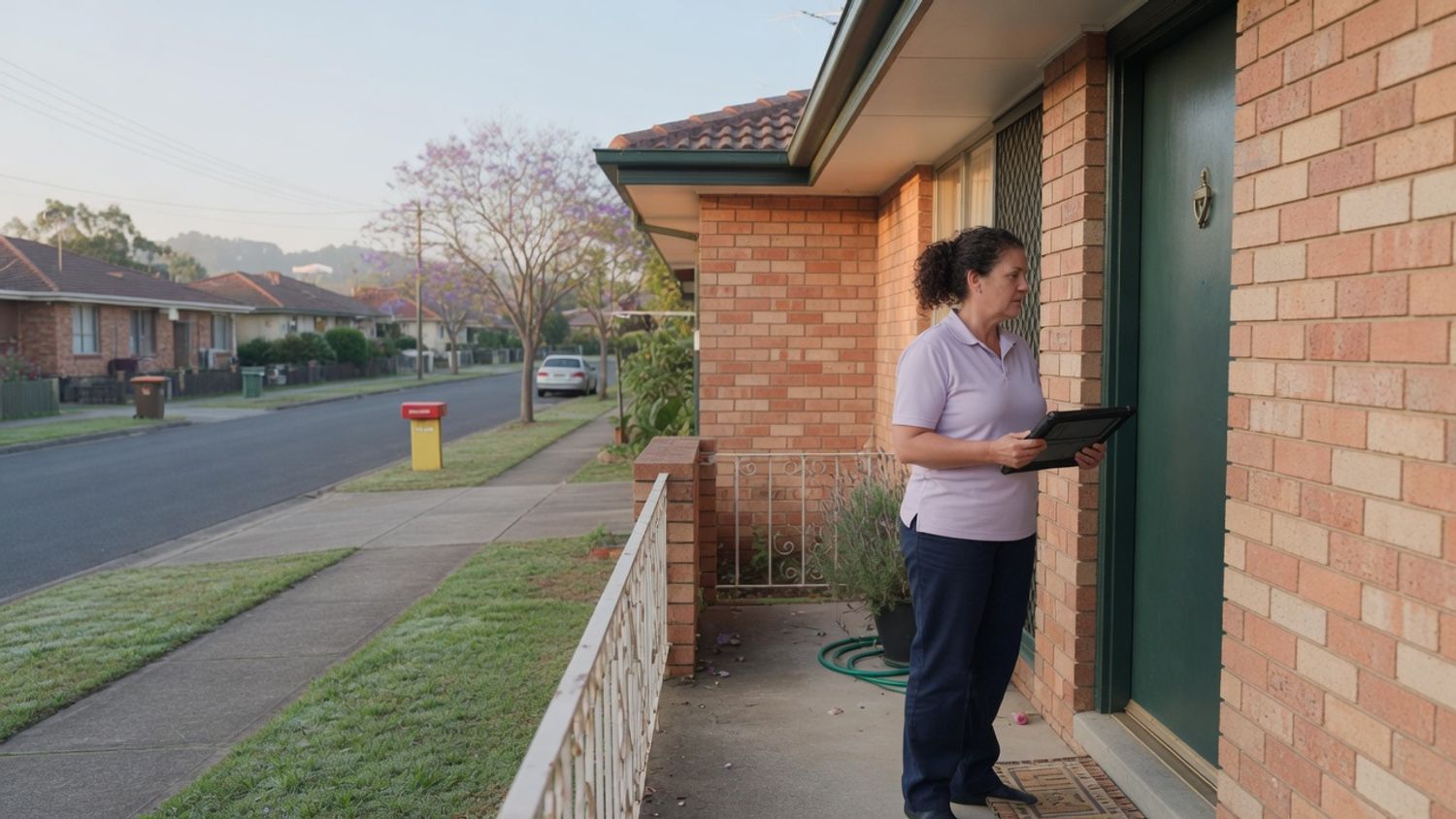 Home care worker checking a scheduled visit at a client front door after a missed visits home care alert