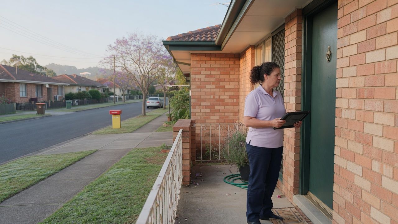 Home care worker checking a scheduled visit at a client front door after a missed visits home care alert