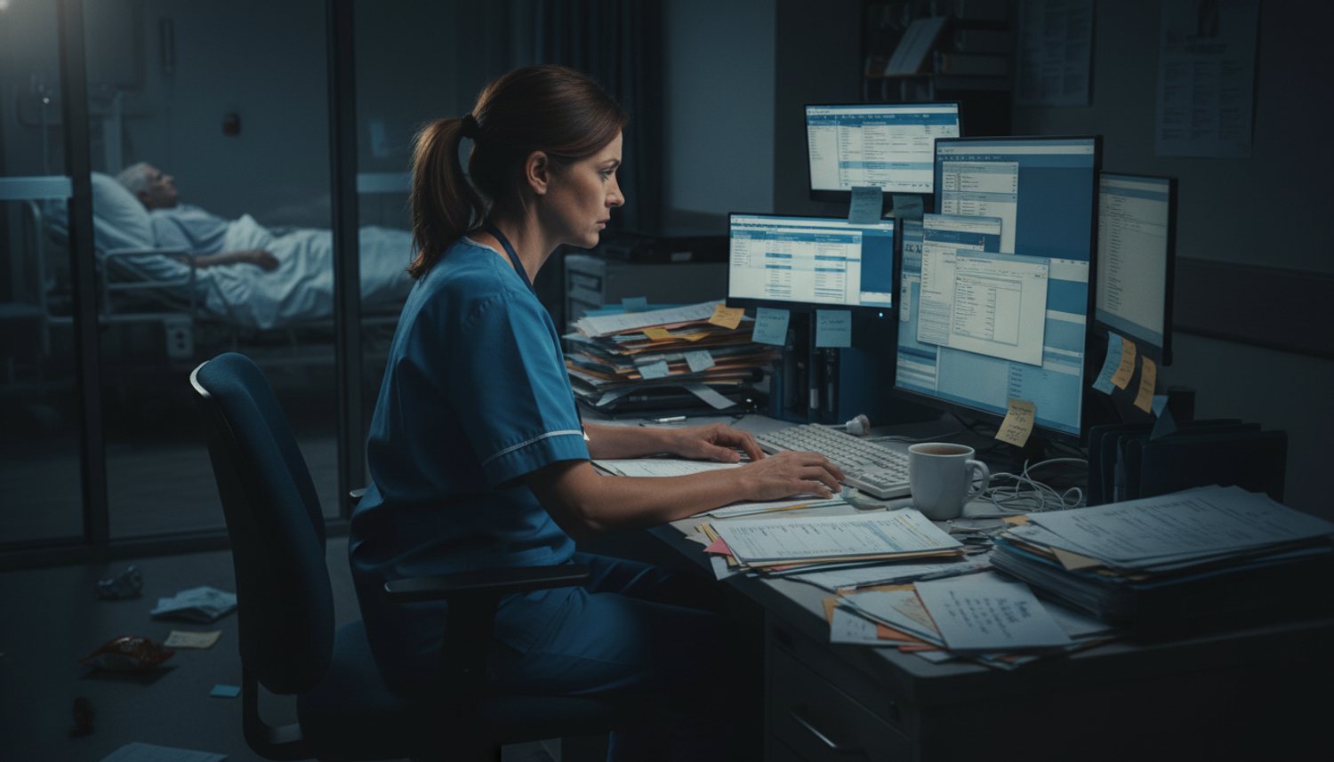 Nurse managing heavy paperwork and multiple screens at night.
