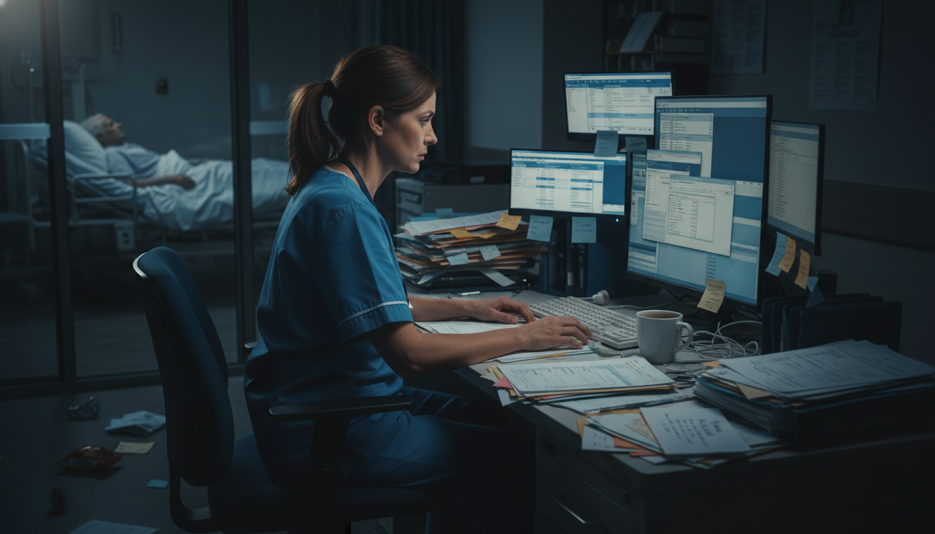 Nurse managing heavy paperwork and multiple screens at night.
