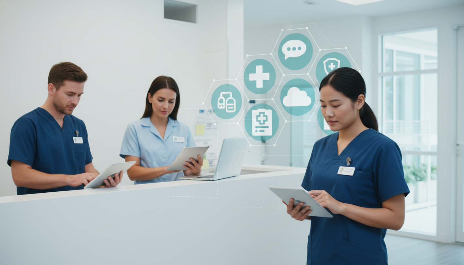 Allied health professionals in a modern clinic setting, using tablets and laptops, with digital health icons overlaid, representing concepts like secure messaging, electronic medical records, and care coordination.