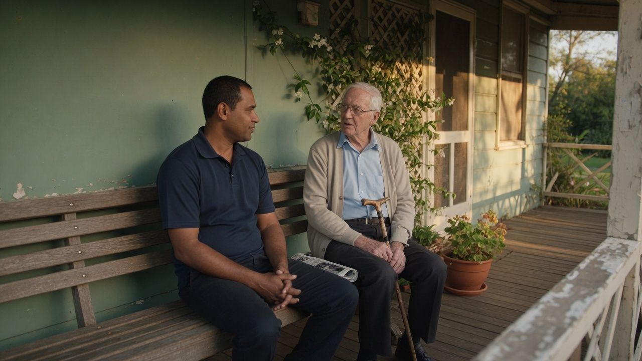 Home care worker listening to an older client on a verandah during a visit where suicide risk is a concern