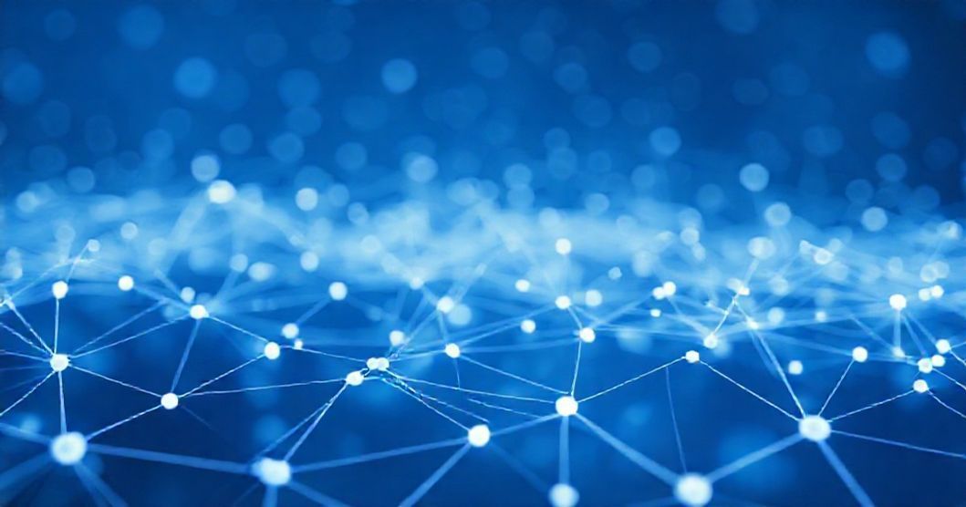 Abstract blue digital network with glowing nodes.