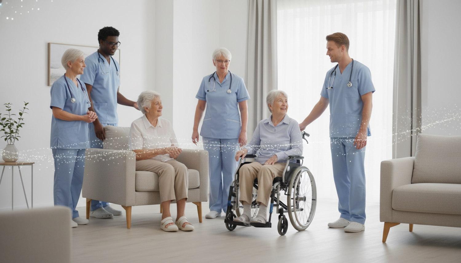 Healthcare professionals assisting elderly patients in a comfortable living room setting, symbolizing support during care transitions.