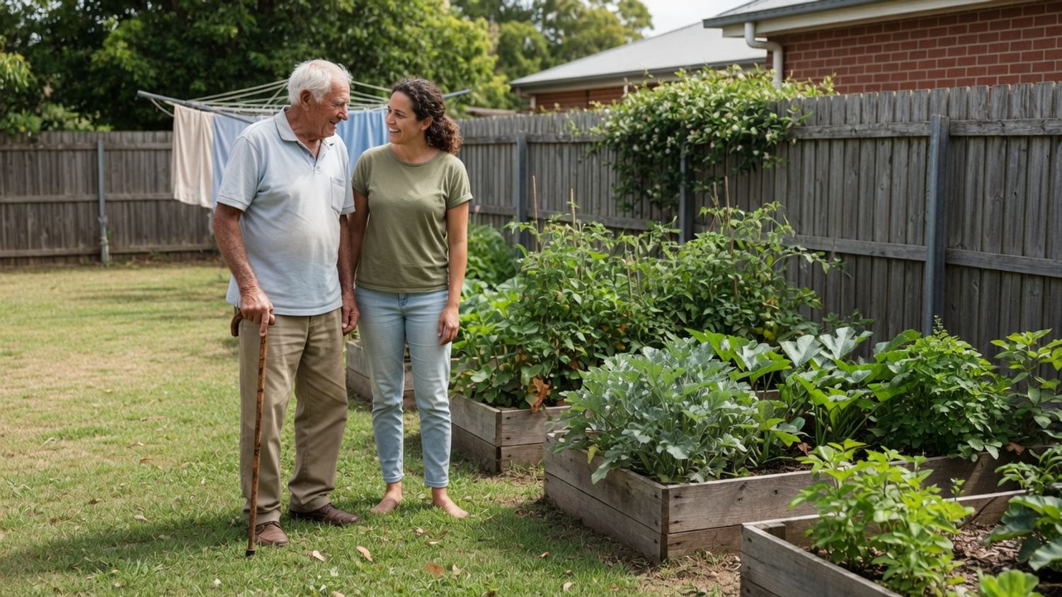 An elderly man with a walking stick and a younger woman chatting beside raised vegetable garden beds in a sunny suburban backyard