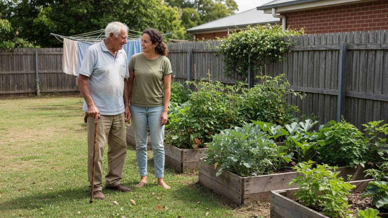 An elderly man with a walking stick and a younger woman chatting beside raised vegetable garden beds in a sunny suburban backyard