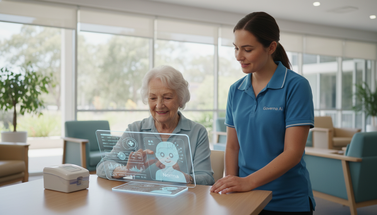 Nurse and resident interacting with a Gemma AI hologram.