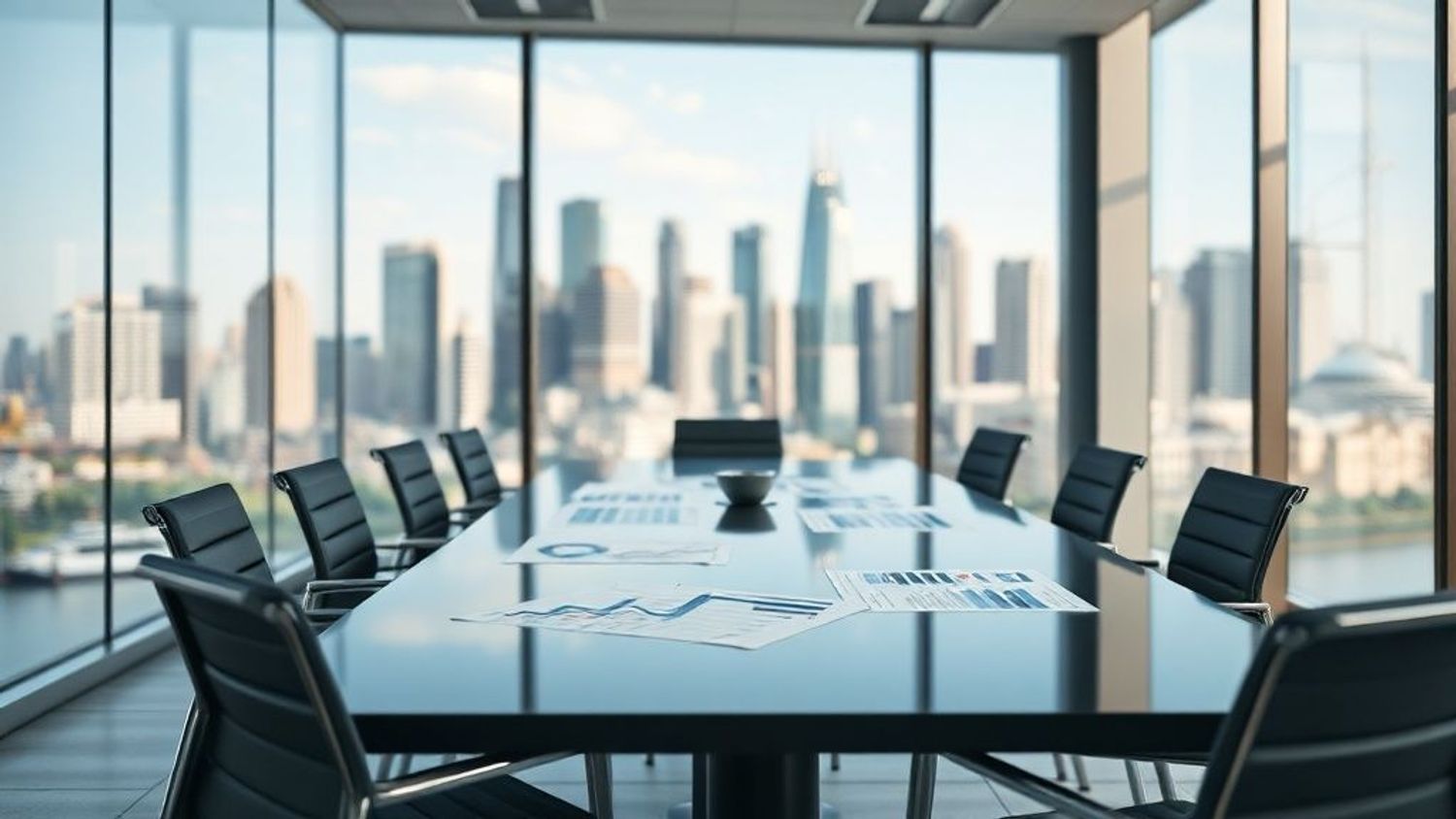 Modern boardroom with documents and city skyline view.