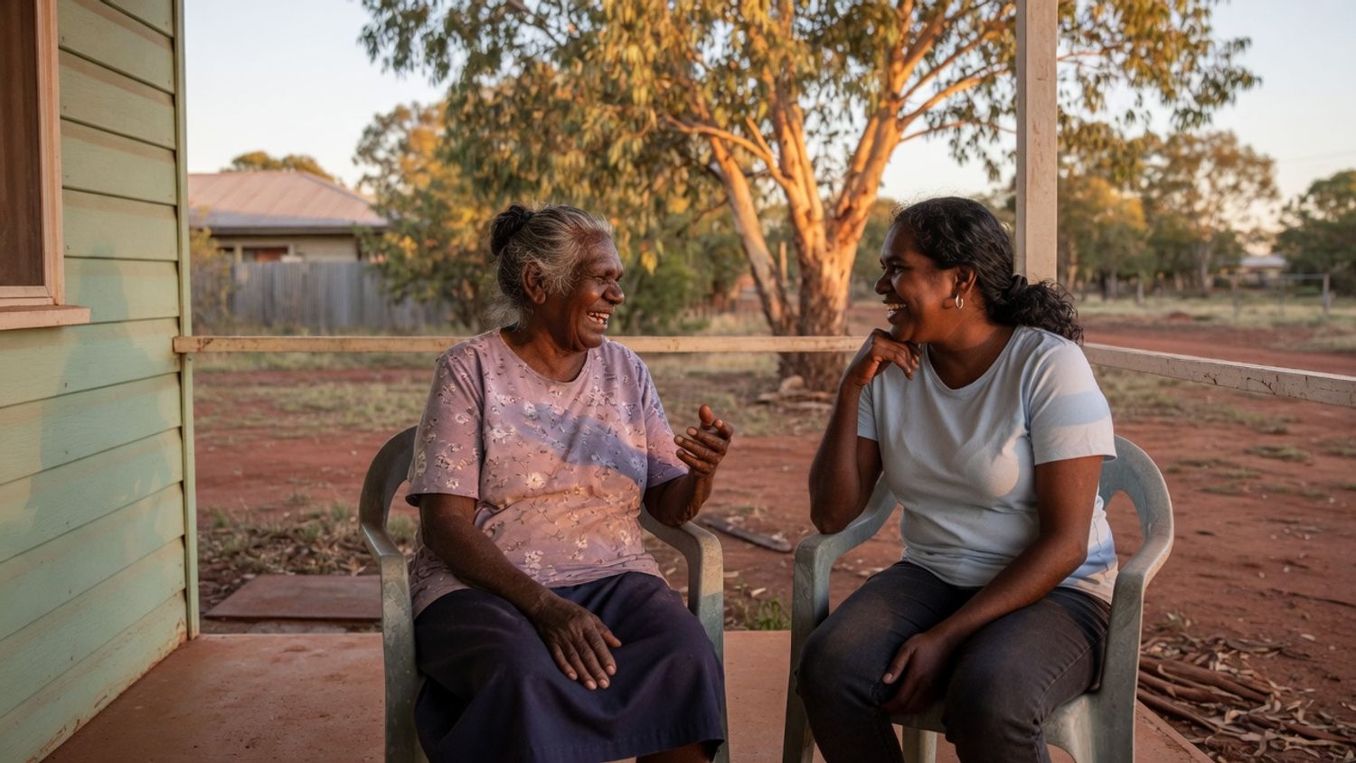An Aboriginal grandmother and a care worker talking on a verandah, illustrating culturally safe home care