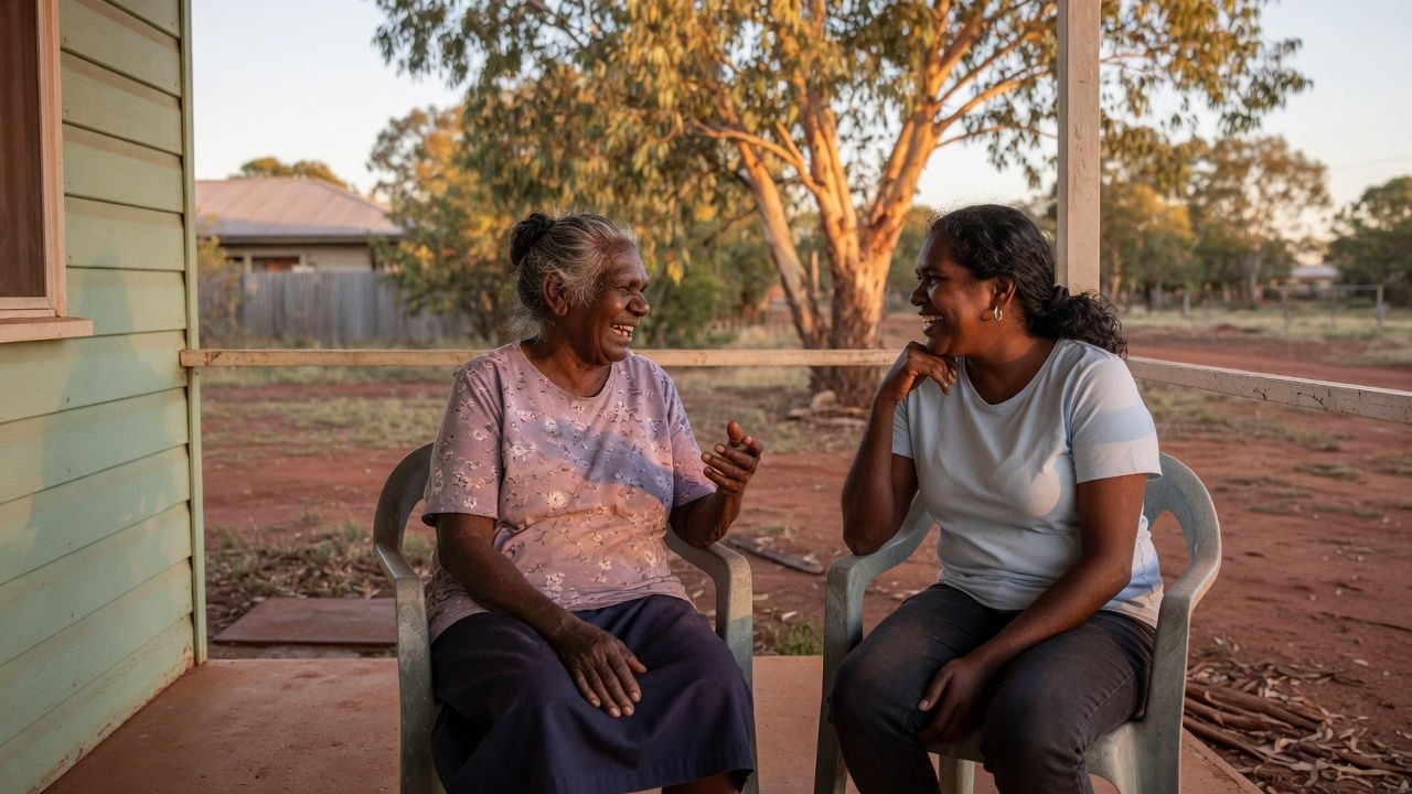 An Aboriginal grandmother and a care worker talking on a verandah, illustrating culturally safe home care