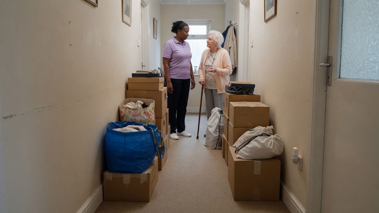 Home care worker talking calmly with an older woman in a hallway with boxes stacked along the walls, illustrating hoarding and squalor home care