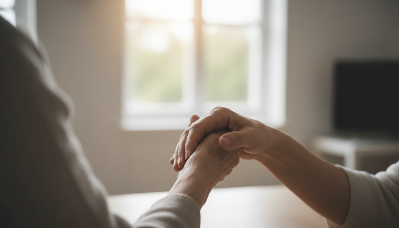 Two people holding hands gently, symbolizing comfort and support at the end of life.