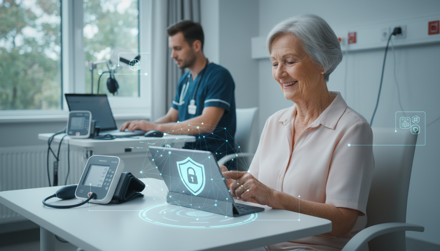 Healthcare AI secures senior medical data on a tablet.