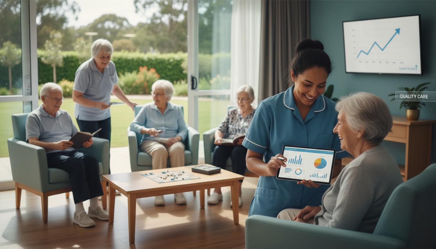 A caregiver shows an older adult a tablet displaying data charts, while other seniors engage in activities in a bright common room of an aged care facility. A screen in the background shows an upward trending graph.