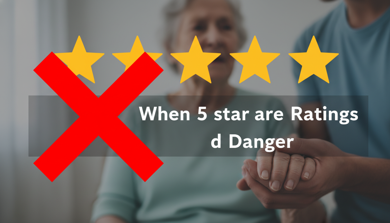 A blurred image of an elderly person holding hands with a younger person, overlaid with five yellow stars and a large red 'X' to signify danger in aged care ratings.