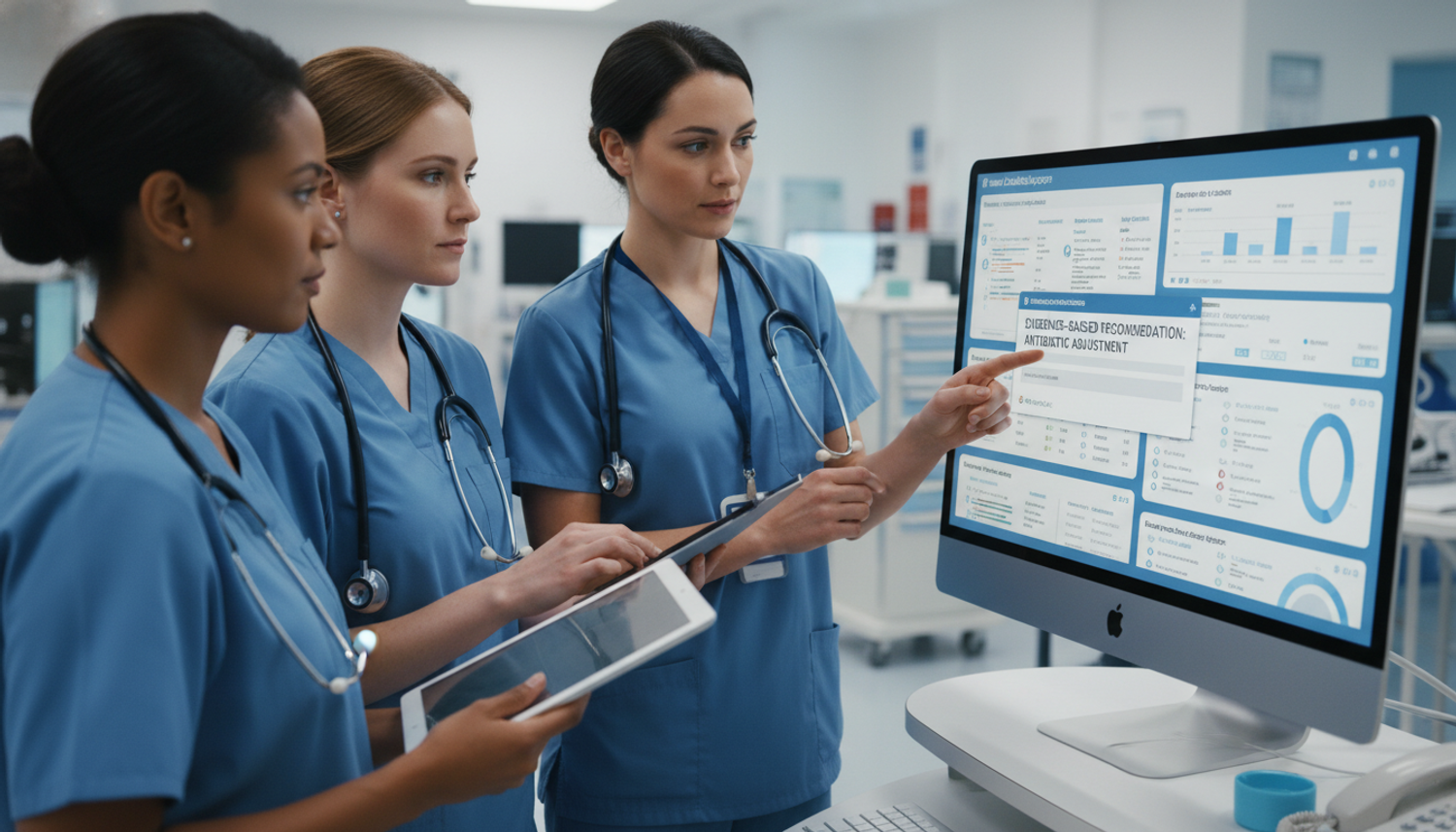 Medical team reviewing policy mapping on a monitor.