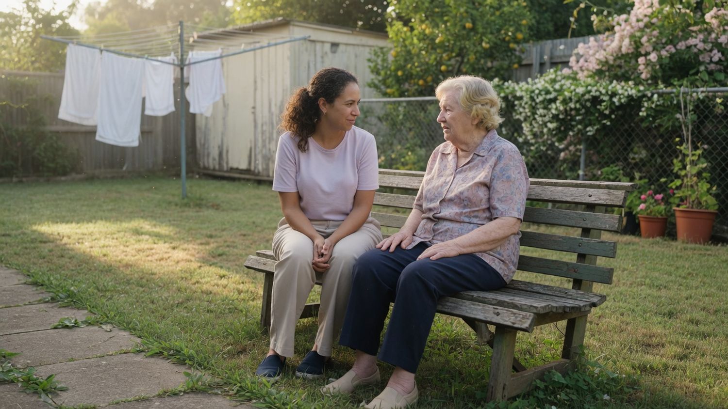 A support worker listening carefully to an older woman in a quiet garden, reflecting a safe space to speak up about sexual safety