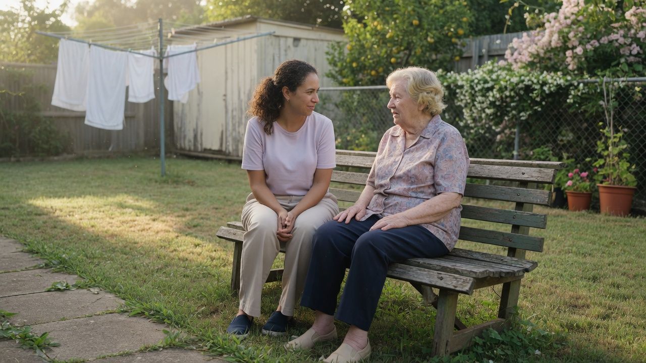A support worker listening carefully to an older woman in a quiet garden, reflecting a safe space to speak up about sexual safety