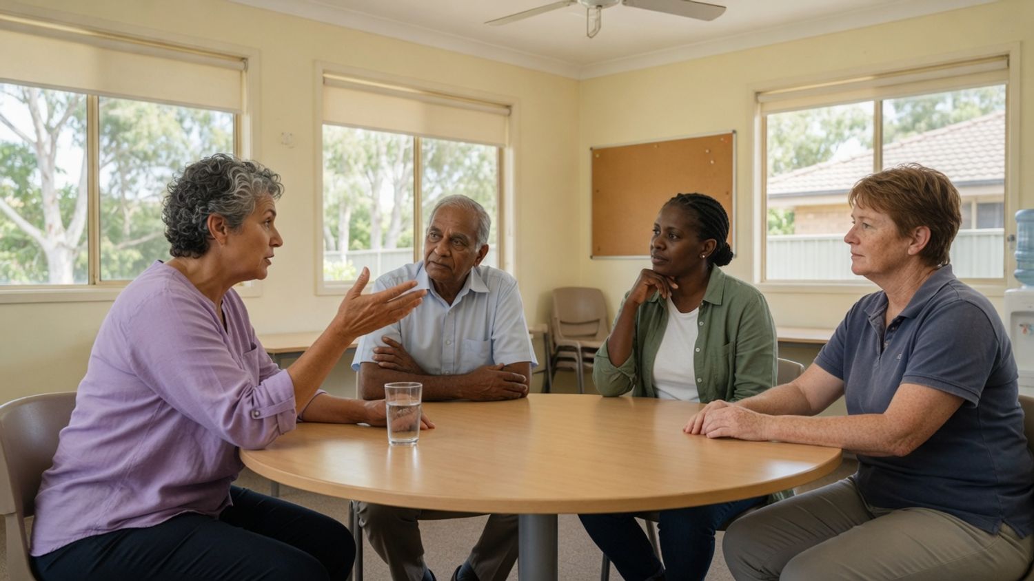 Home care managers discussing the ACQSC sector risk priorities around a meeting table