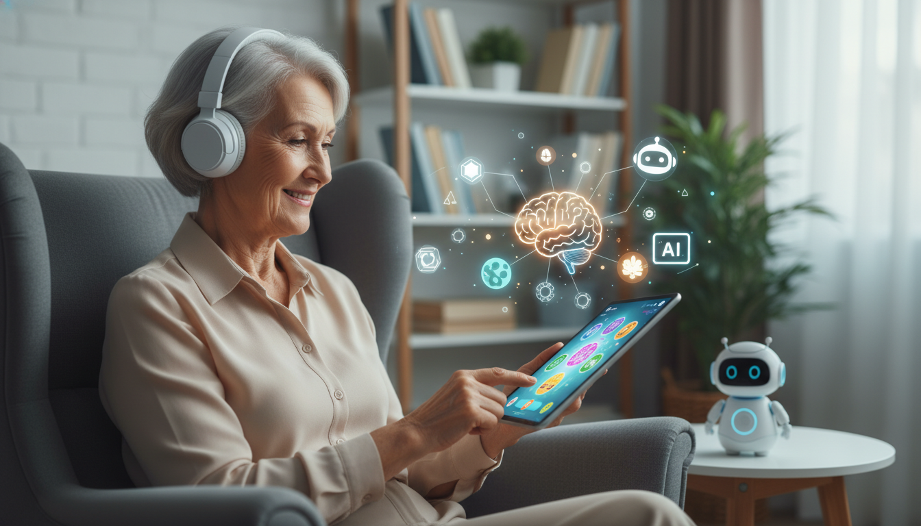 Healthcare AI tablet displays brain data for a senior.