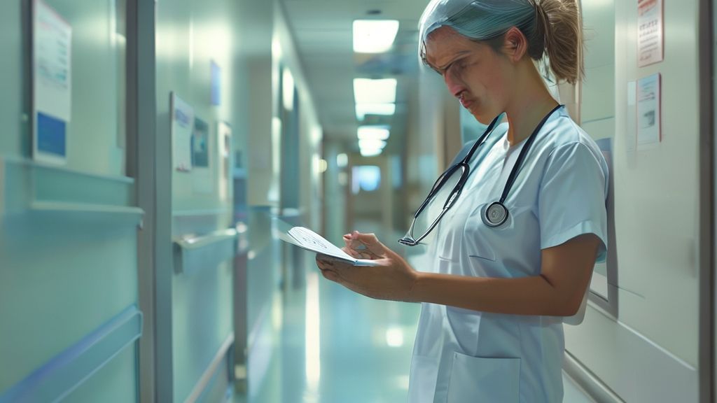 A healthcare professional documenting patient information on a tablet in a clinical setting