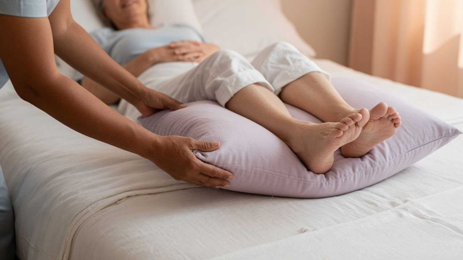 Home care worker placing a pillow under an older woman's heels as part of pressure injury prevention in home care