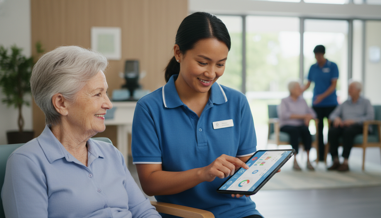 A personal care worker in an aged care facility in Australia showing an elderly woman data on a tablet device.