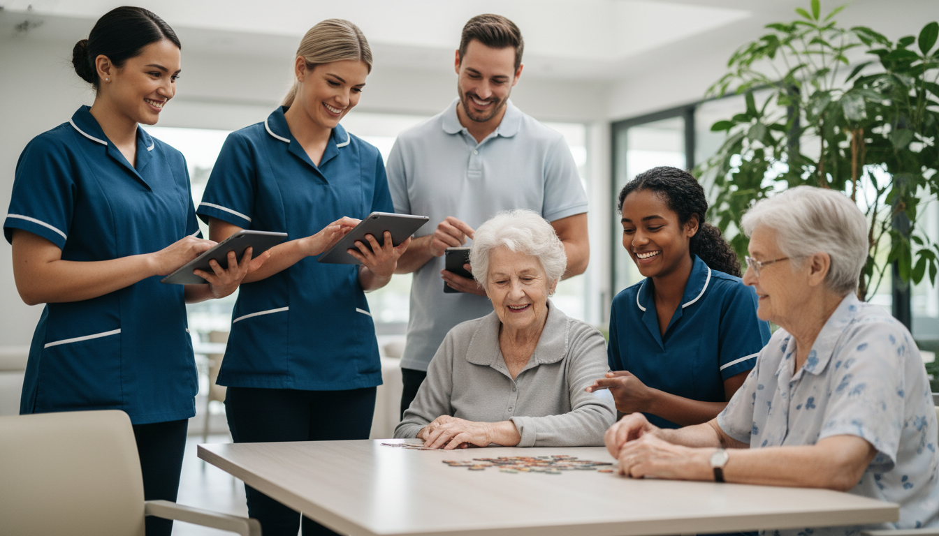 Aged care professionals in Australia using tablets and interacting with elderly residents, showing a balance between administrative tasks and direct care.