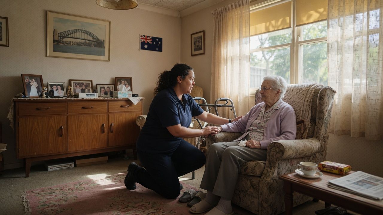 Support worker checking in on an elderly client seated in her living room
