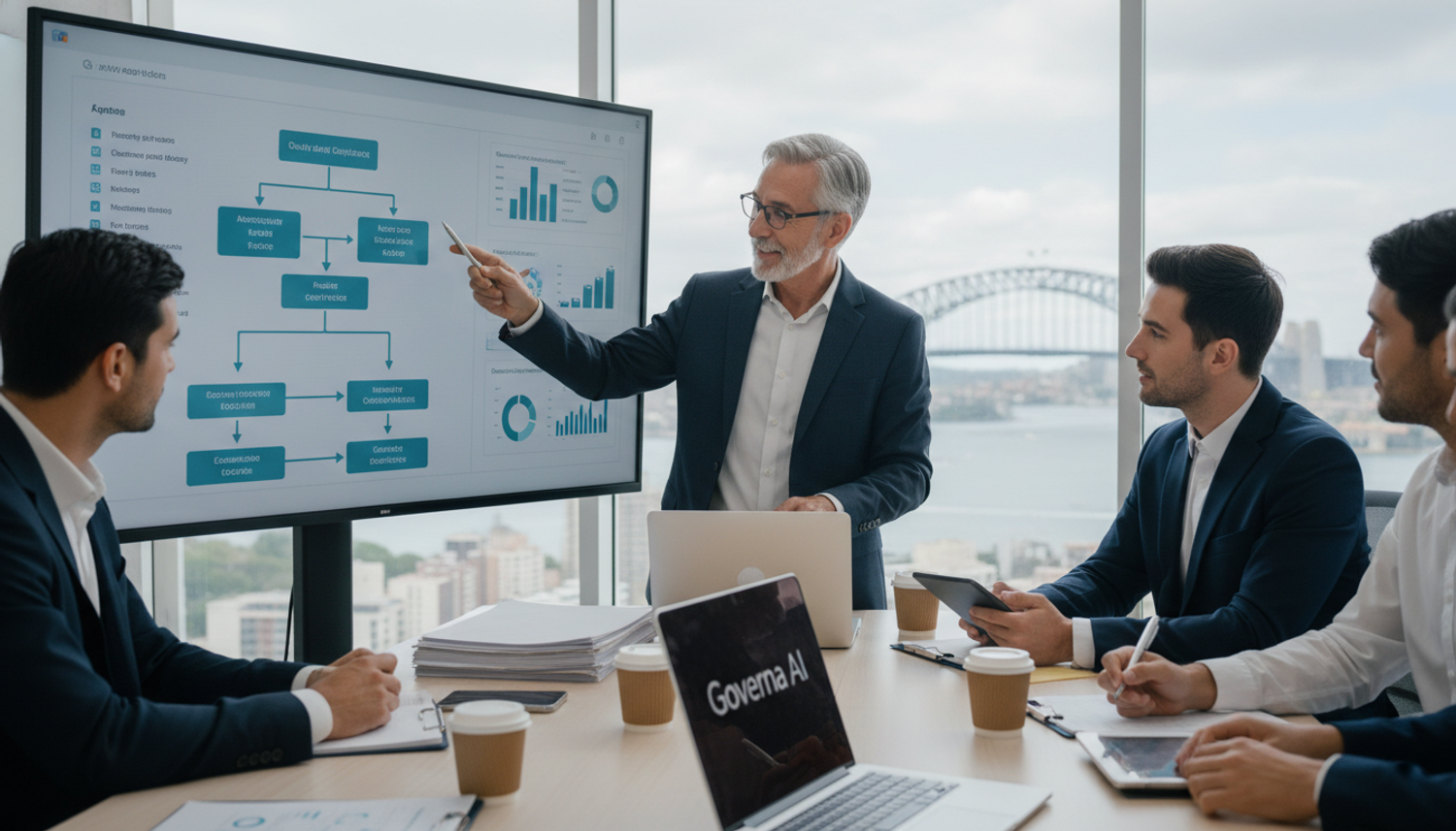 A group of professionals in a modern office looking at data visualizations on a large screen, with a consultant pointing to a diagram.