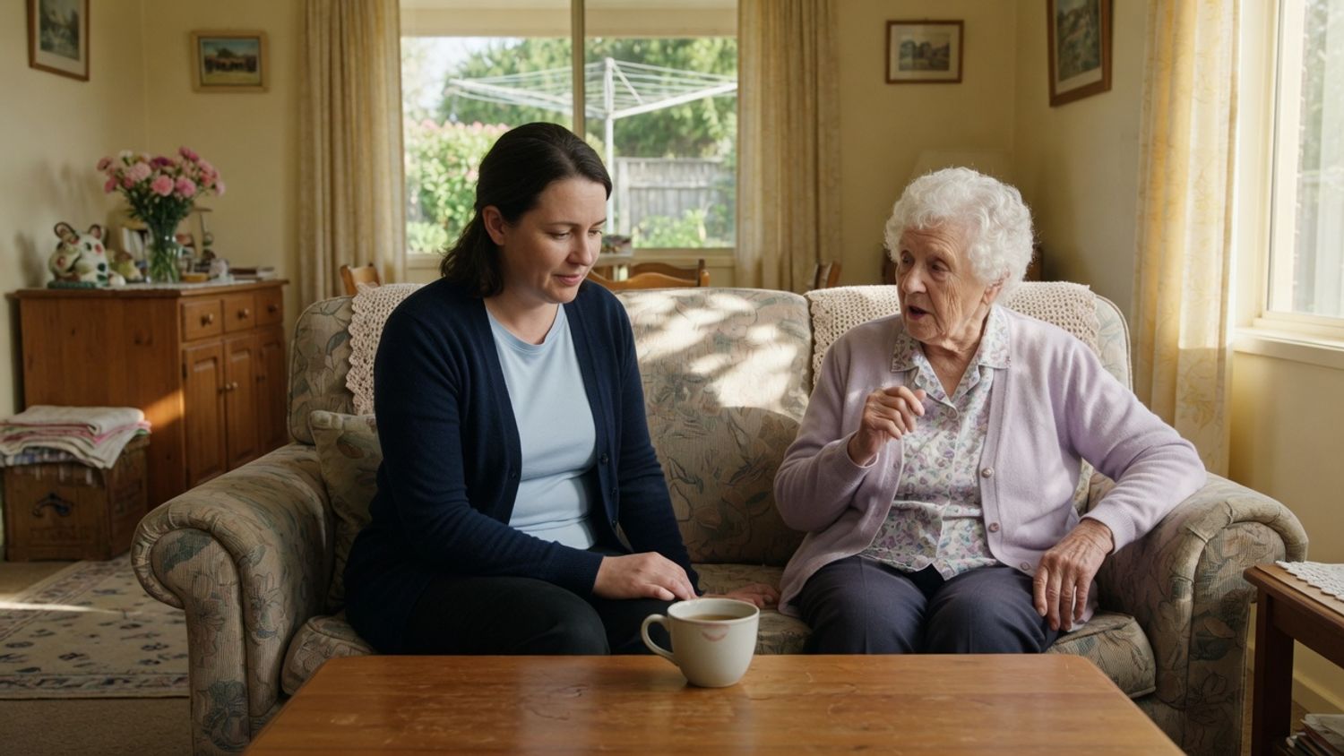 A care partner in a navy cardigan sitting beside an elderly woman on a sofa in a bright living room, listening as she talks