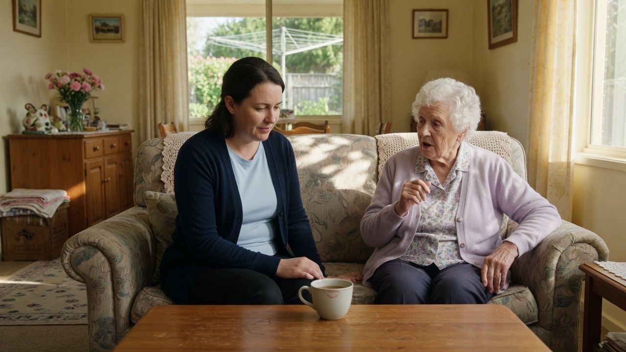 A care partner in a navy cardigan sitting beside an elderly woman on a sofa in a bright living room, listening as she talks