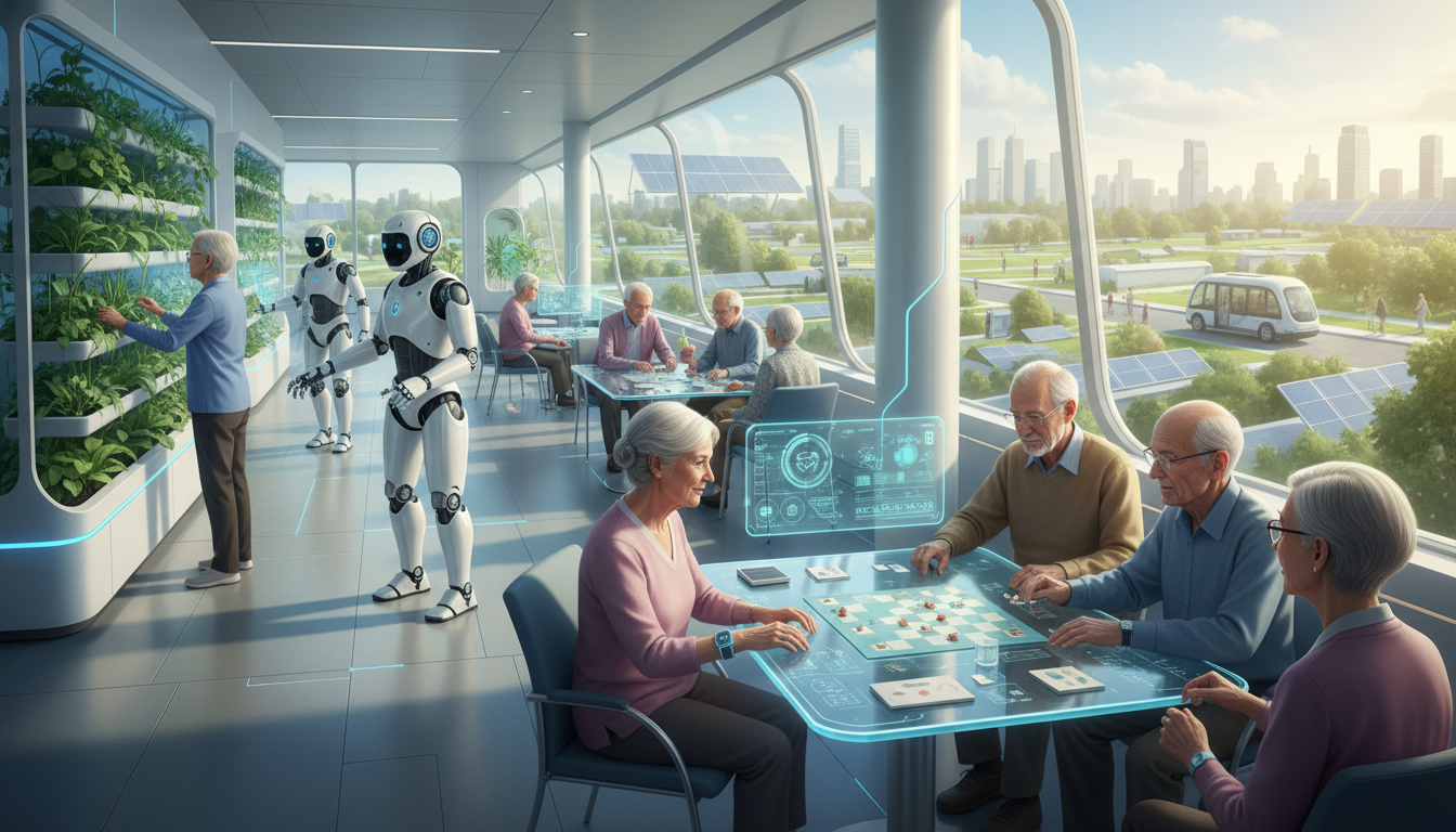 Healthcare AI robots assist seniors in futuristic room.