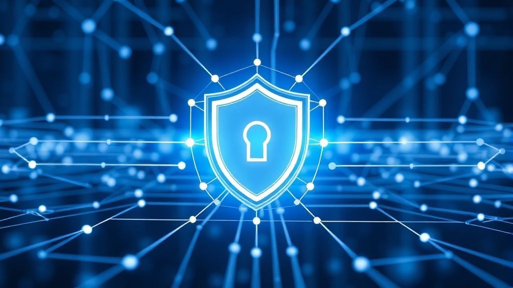 Cybersecurity shield icon on a glowing digital network.
