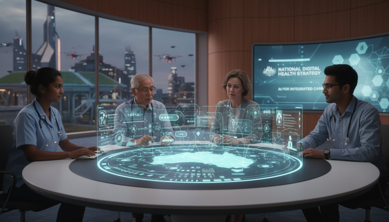 Team reviewing National Digital Health Strategy hologram.
