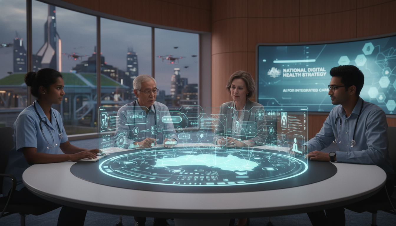 Team reviewing National Digital Health Strategy hologram.
