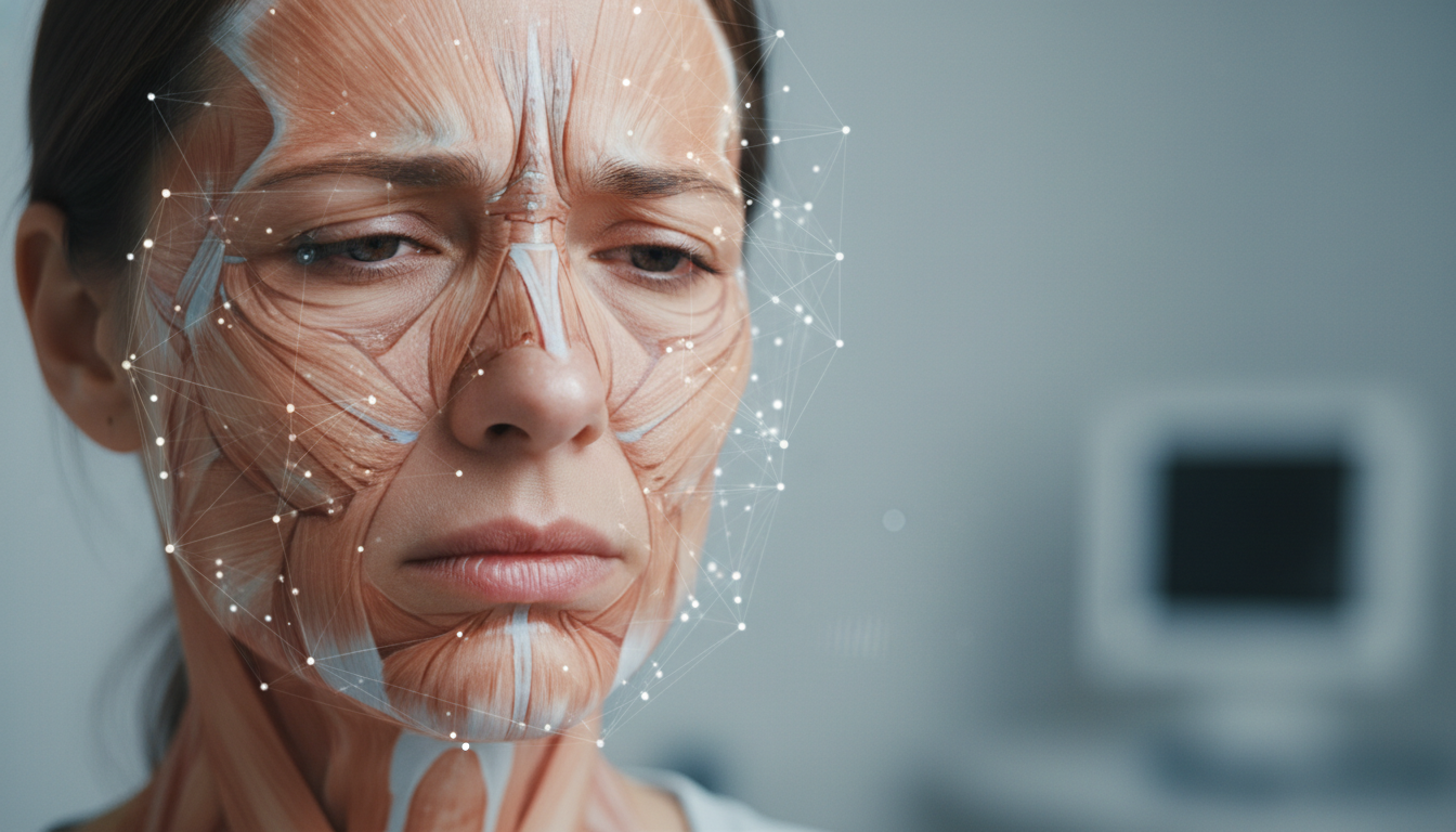 Healthcare AI maps facial muscles with a digital mesh.