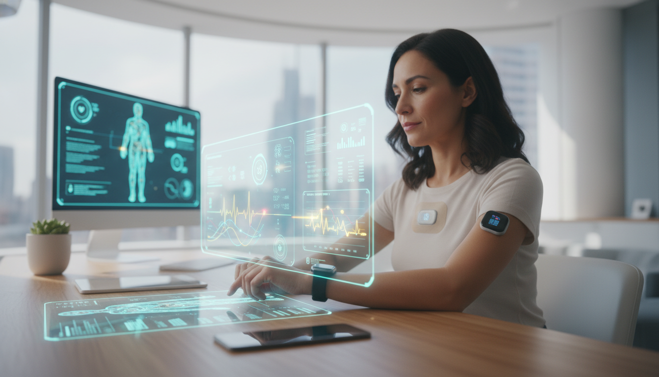 Healthcare AI wearables monitor vitals on hologram.