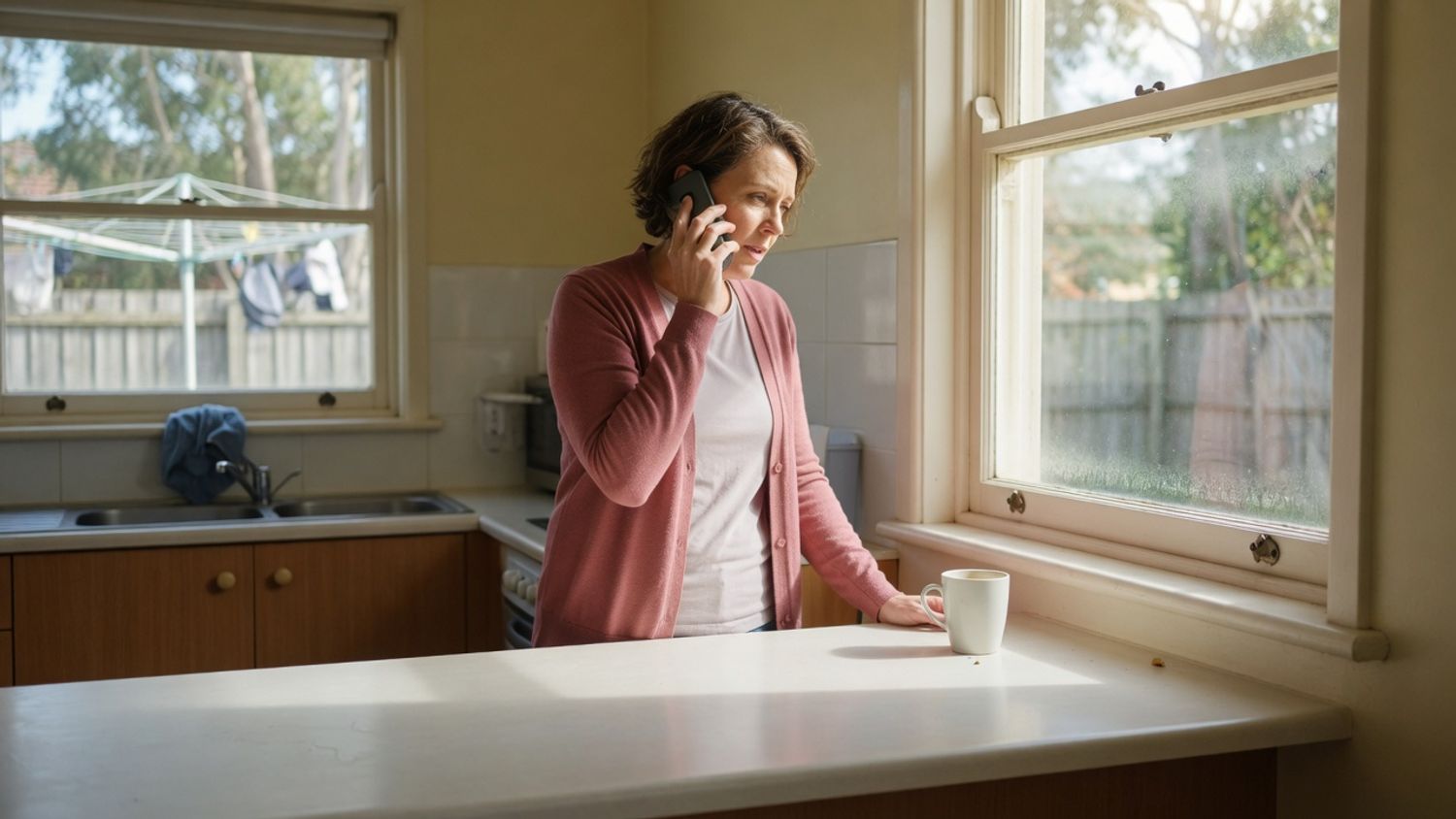 An older woman standing at her kitchen window speaking on a mobile phone in morning light