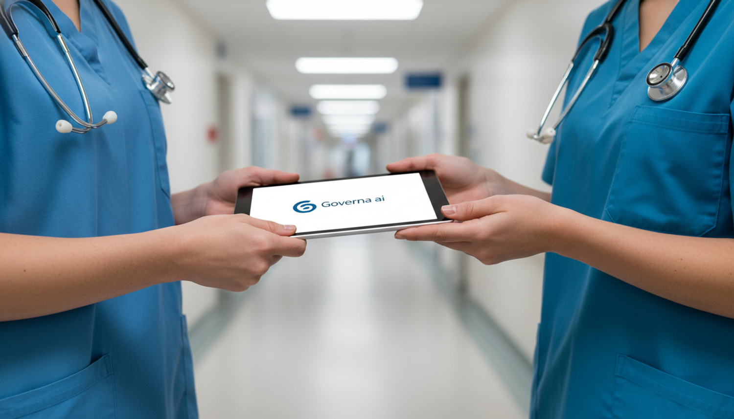 Two medical professionals in scrubs holding a tablet displaying the Governa ai logo in a hospital hallway.