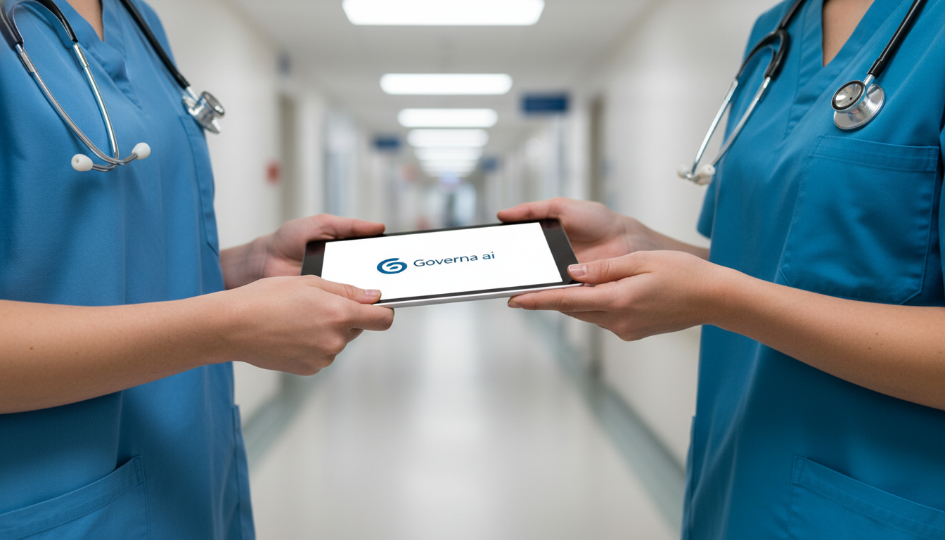 Two medical professionals in scrubs holding a tablet displaying the Governa ai logo in a hospital hallway.