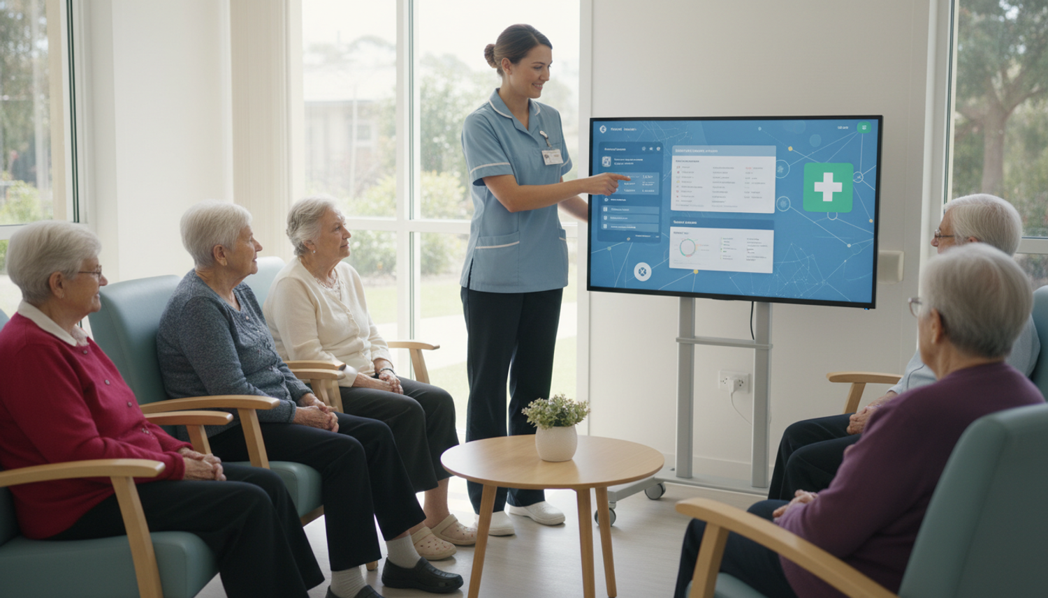 A nurse presenting information about digital health records on a large screen to a group of elderly residents in a communal living area.