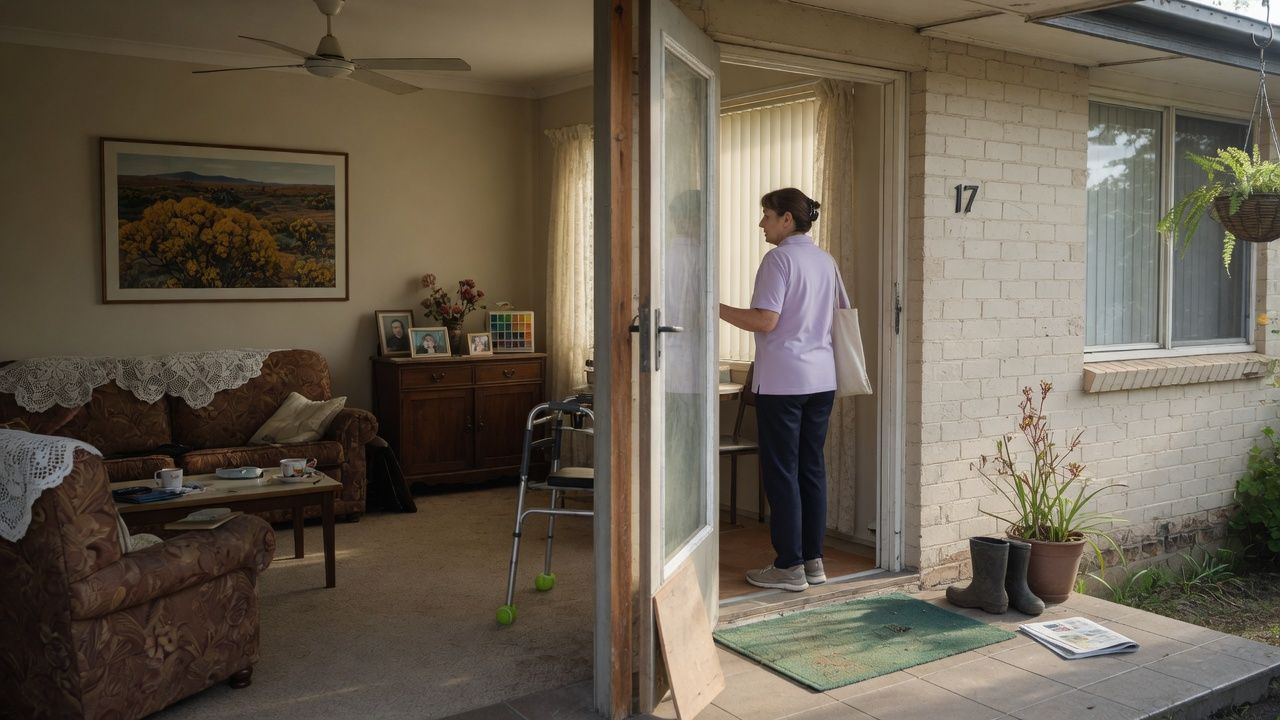 Home care worker beginning a home environment risk assessment at a client front door