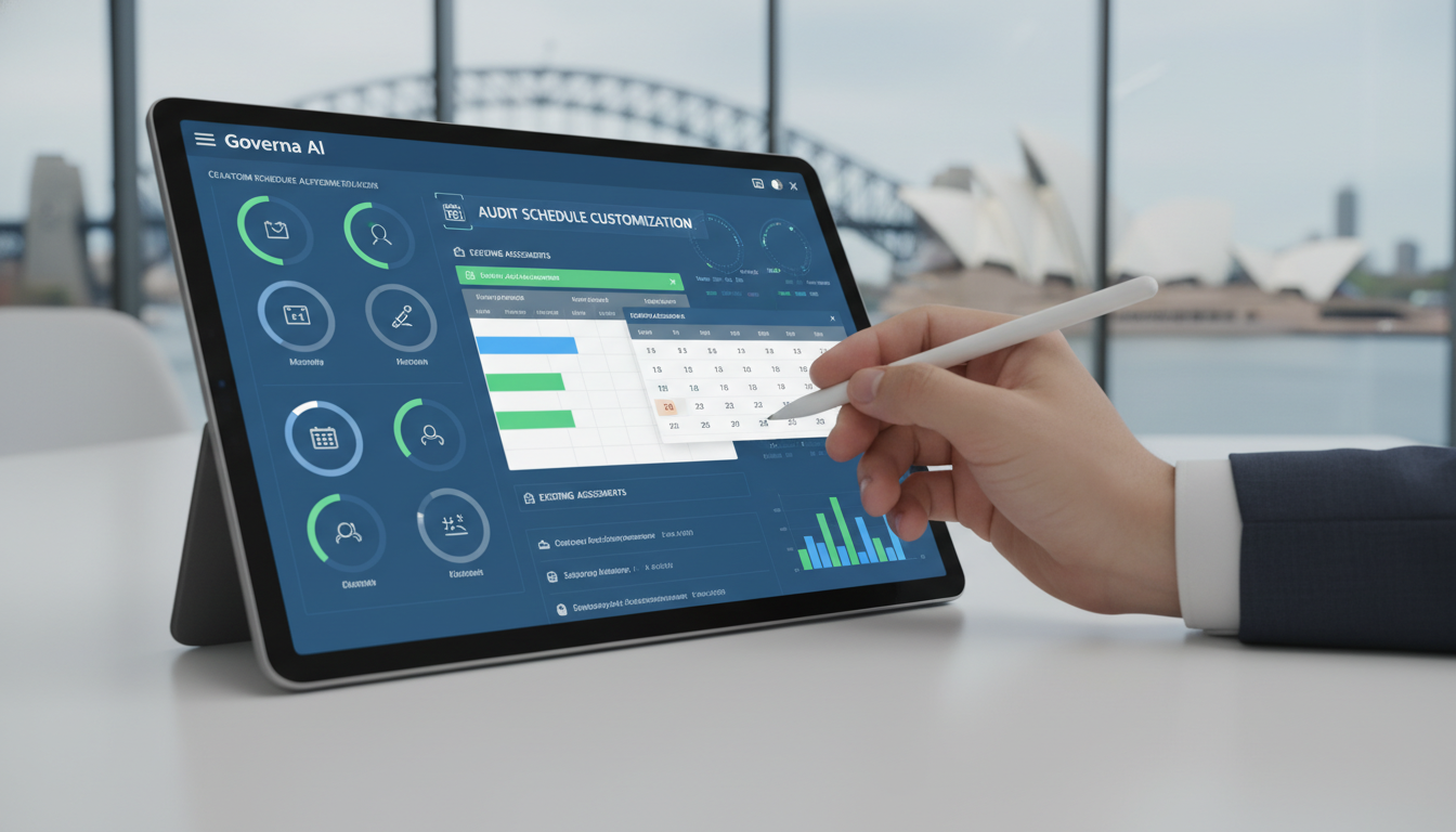 A person's hand using a stylus on a tablet displaying a Governa AI interface for audit schedule customization and existing assessment data, with the Sydney skyline in the background.