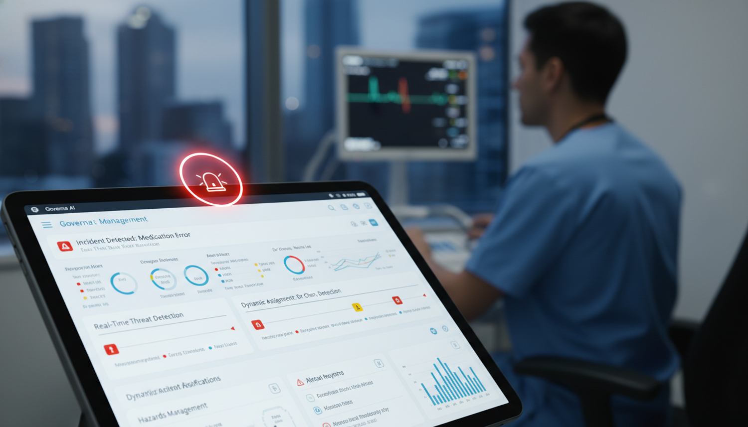 Care coordination dashboard on tablet with red alert icon.
