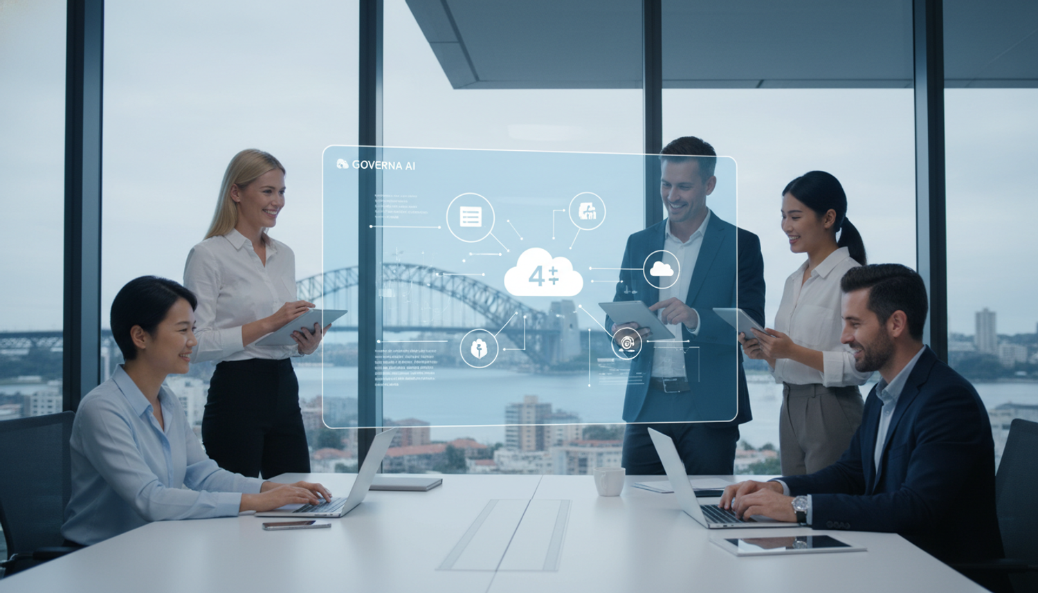 Business professionals in a modern office looking at a holographic interface displaying cloud computing concepts with the Sydney Harbour Bridge in the background