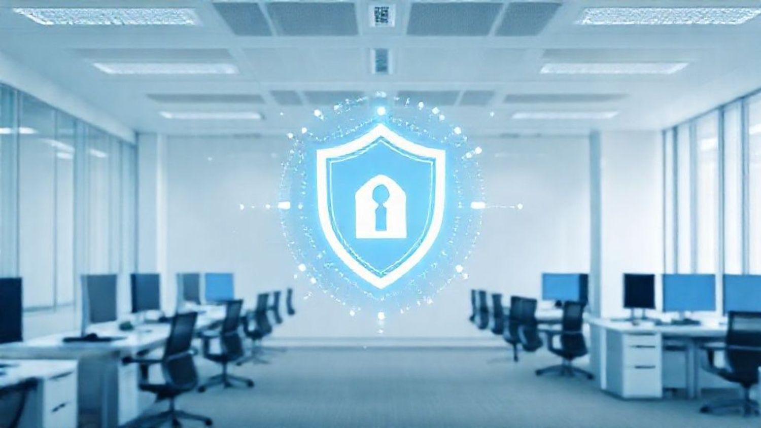 Cybersecurity shield icon glowing in a blurred office.